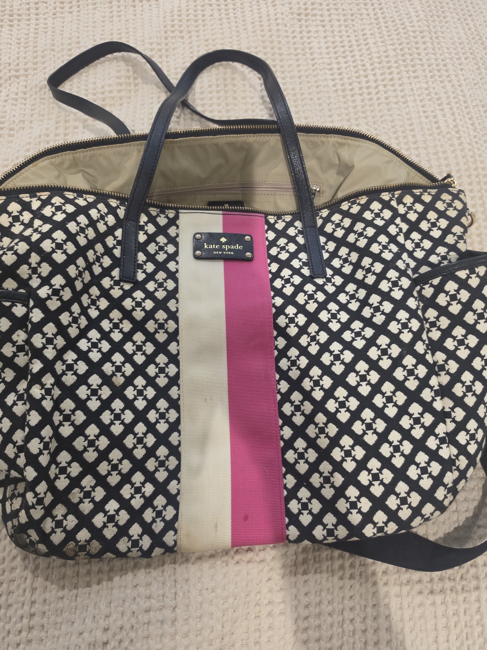 kate spade Black and White Pattern Tote with Pink and Cream Center Stripe